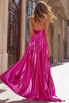Sparkly Fuchsia Spaghetti Straps Metallic Pleated Long Prom Dress with Slit