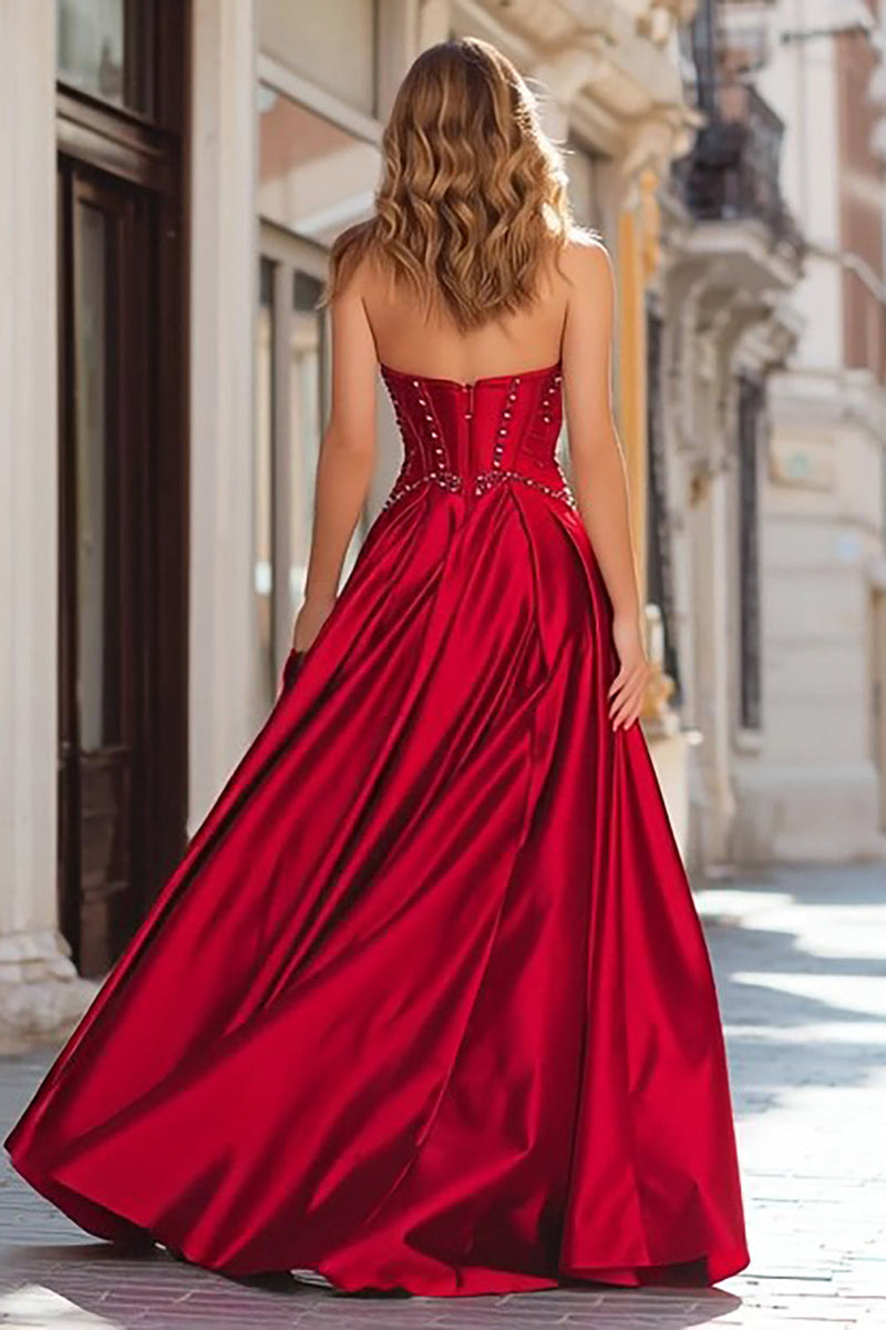 Load image into Gallery viewer, Sparkly Red Strapless Beaded Corset Long Prom Dress with Slit