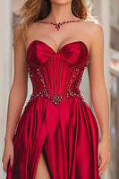 Load image into Gallery viewer, Sparkly Red Strapless Beaded Corset Long Prom Dress with Slit