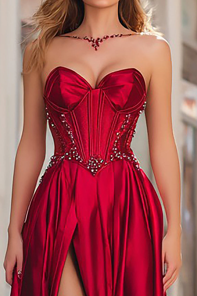 Load image into Gallery viewer, Sparkly Red Strapless Beaded Corset Long Prom Dress with Slit