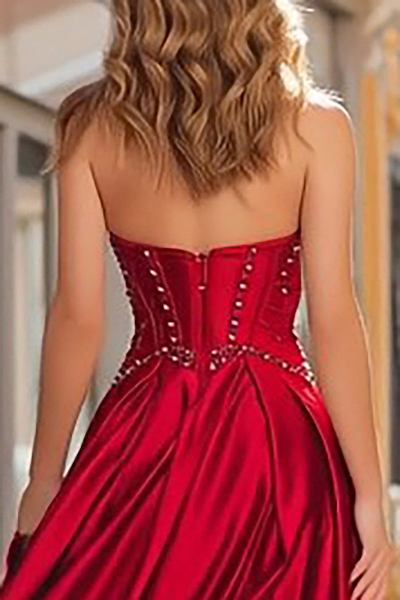 Load image into Gallery viewer, Sparkly Red Strapless Beaded Corset Long Prom Dress with Slit