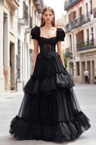 Black Tulle A Line Long Ruffled Prom Dress with Lace