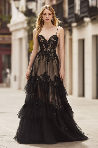 Black Spaghetti Straps Lace Corset Ruffled Long Prom Dress