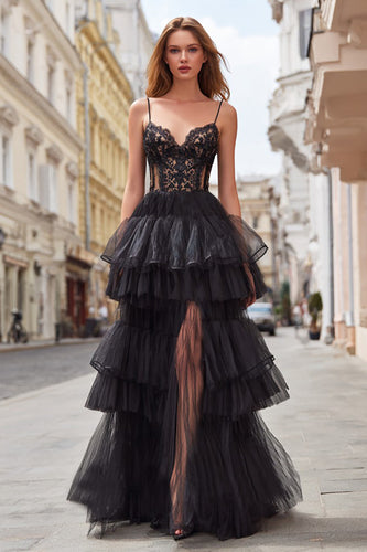 Black Tulle Spaghetti Straps Tiered Long Corset Prom Dress with Lace