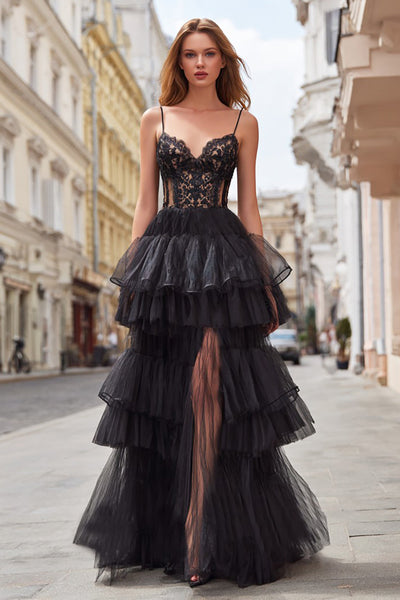 Black Tulle Spaghetti Straps Tiered Long Corset Prom Dress with Lace
