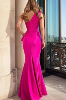 Load image into Gallery viewer, Fuchsia Mermaid One Shoulder Satin Long Prom Dress with Slit