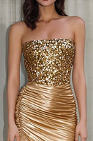 Load image into Gallery viewer, Sparkly Gold Strapless Mermaid Long Prom Dress with Slit