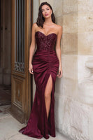 Load image into Gallery viewer, Sparkly Satin Burgundy Strapless Mermaid Long Prom Dress with Slit