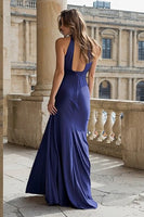 Load image into Gallery viewer, Navy Satin Halter Mermaid Long Prom Dress