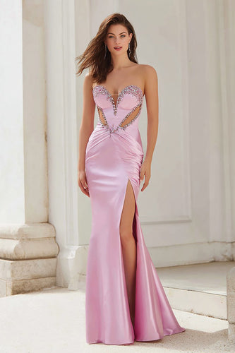 Sparkly Pink Mermaid Satin Strapless Cut Out Long Prom Dress with Slit
