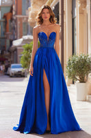 Load image into Gallery viewer, Sparkly Royal Blue A Line Strapless Long Prom Dress with Slit