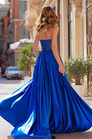 Load image into Gallery viewer, Sparkly Royal Blue A Line Strapless Long Prom Dress with Slit