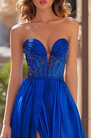 Load image into Gallery viewer, Sparkly Royal Blue A Line Strapless Long Prom Dress with Slit