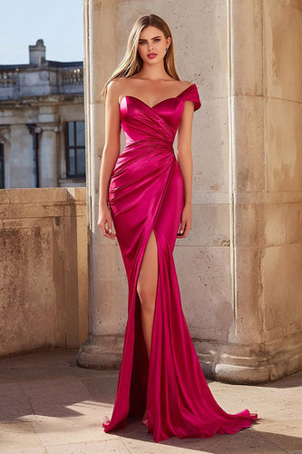 Fuchsia Mermaid Satin One Shoulder Long Prom Dress with Slit