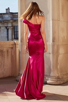 Fuchsia Mermaid Satin One Shoulder Long Prom Dress with Slit