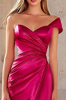 Load image into Gallery viewer, Fuchsia Mermaid Satin One Shoulder Long Prom Dress with Slit