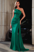 Load image into Gallery viewer, Dark Green Mermaid One Shoulder Long Prom Dress with Side Cape