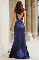 Load image into Gallery viewer, Sparkly Navy Mermaid Cut Out Beaded Long Prom Dress with Slit