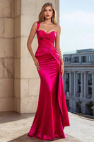 Load image into Gallery viewer, Fuchsia Satin Mermaid One Shoulder Long Prom Dress with Side Cape