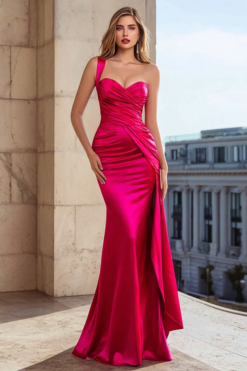Load image into Gallery viewer, Fuchsia Satin Mermaid One Shoulder Long Prom Dress with Side Cape