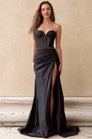 Load image into Gallery viewer, Sparkly Strapless Black Long Corset Prom Dress with Slit