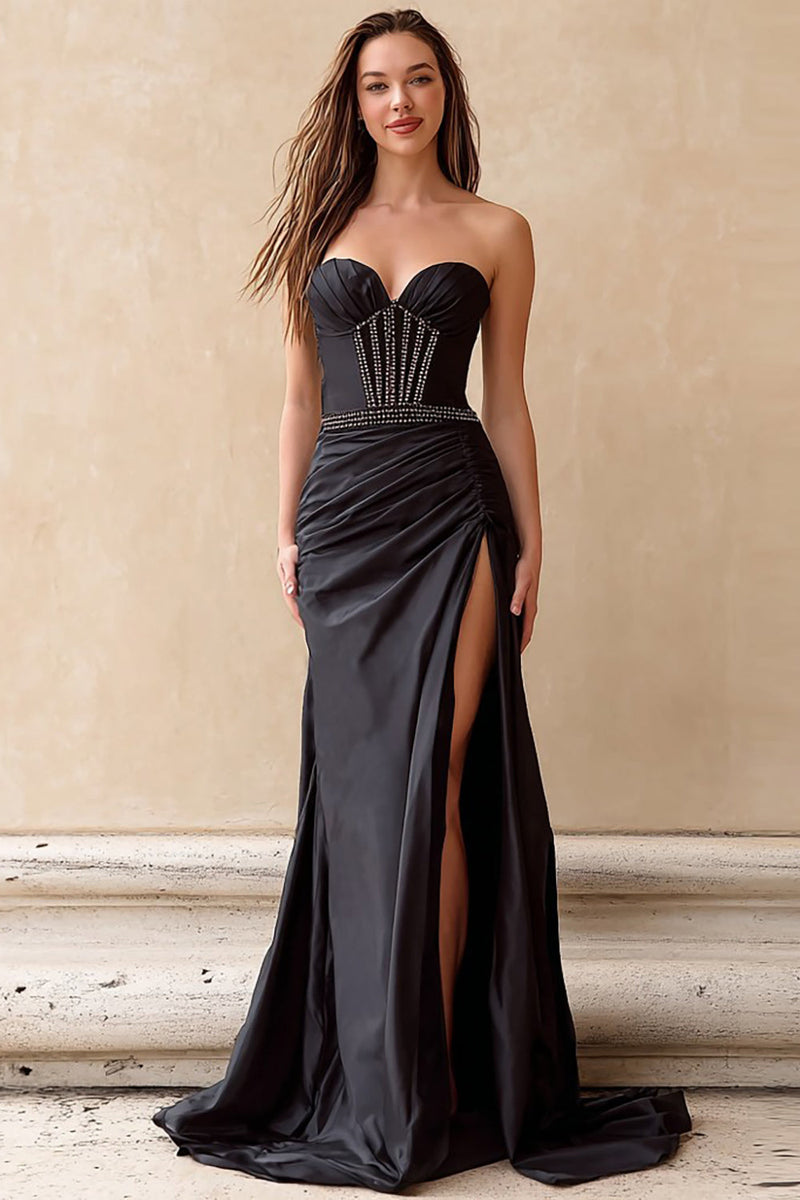 Load image into Gallery viewer, Sparkly Strapless Black Long Corset Prom Dress with Slit