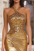Load image into Gallery viewer, Sparkly Gold Mermaid Long Halter Prom Dress with Sequins