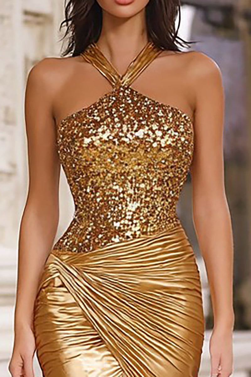 Load image into Gallery viewer, Sparkly Gold Mermaid Long Halter Prom Dress with Sequins