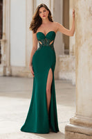 Load image into Gallery viewer, Sparkly Dark Green Cut Out Strapless Mermaid Long Prom Dress with Slit