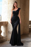 Load image into Gallery viewer, Black Mermaid One Shoulder Long Prom Dress with Side Cape
