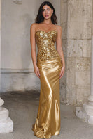 Load image into Gallery viewer, Sparkly Gold Mermaid Strapless Long Prom Dress with Sequins