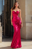 Load image into Gallery viewer, Fuchsia Strapless Ruched Mermaid Long Prom Dress with Side Cape