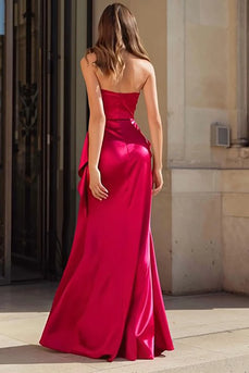 Fuchsia Strapless Ruched Mermaid Long Prom Dress with Side Cape