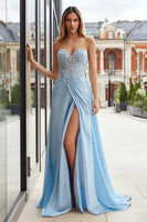 Load image into Gallery viewer, Sky Blue Appliqued Sweetheart Long Prom Dress with Slit