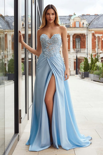 Sky Blue Appliqued Sweetheart Long Prom Dress with Slit