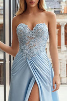 Load image into Gallery viewer, Sky Blue Appliqued Sweetheart Long Prom Dress with Slit