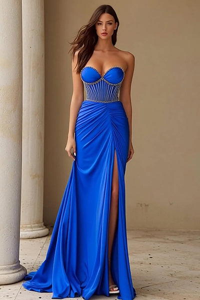Sparkly Royal Blue Sheath Long Corset Prom Dress with Slit