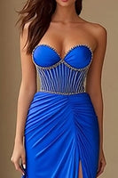 Load image into Gallery viewer, Sparkly Royal Blue Sheath Long Corset Prom Dress with Slit