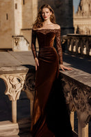 Load image into Gallery viewer, Brown Velvet Off the Shoulder Mermaid Maxi Holiday Party Dress with Lace