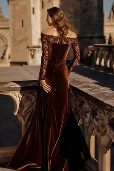 Brown Velvet Off the Shoulder Mermaid Maxi Holiday Party Dress with Lace