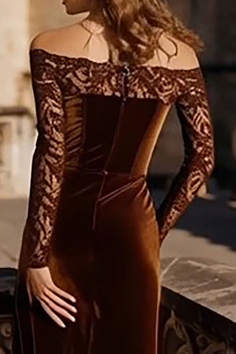 Load image into Gallery viewer, Brown Velvet Off the Shoulder Mermaid Maxi Holiday Party Dress with Lace