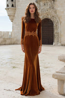 Load image into Gallery viewer, Caramel Velvet Mermaid Appliqued Maxi Holiday Party Dress