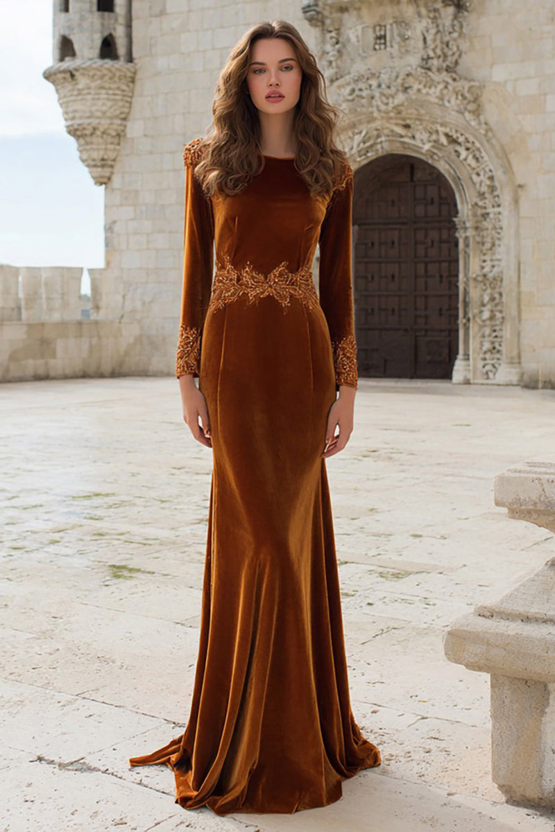 Load image into Gallery viewer, Caramel Velvet Mermaid Appliqued Maxi Holiday Party Dress