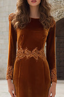 Load image into Gallery viewer, Caramel Velvet Mermaid Appliqued Maxi Holiday Party Dress