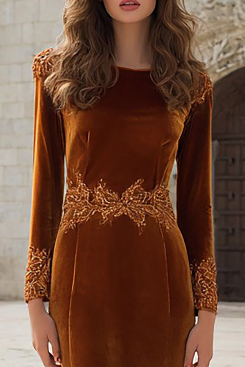 Load image into Gallery viewer, Caramel Velvet Mermaid Appliqued Maxi Holiday Party Dress