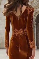 Load image into Gallery viewer, Caramel Velvet Mermaid Appliqued Maxi Holiday Party Dress