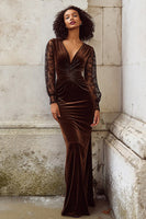 Load image into Gallery viewer, Brown Velvet V Neck Mermaid Long Holiday Party Dress with Lace