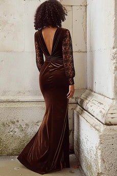 Brown Velvet V Neck Mermaid Long Holiday Party Dress with Lace