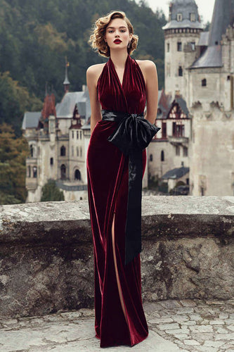 Burgundy Halter Mermaid Velvet Maxi Holiday Party Dress with Bow