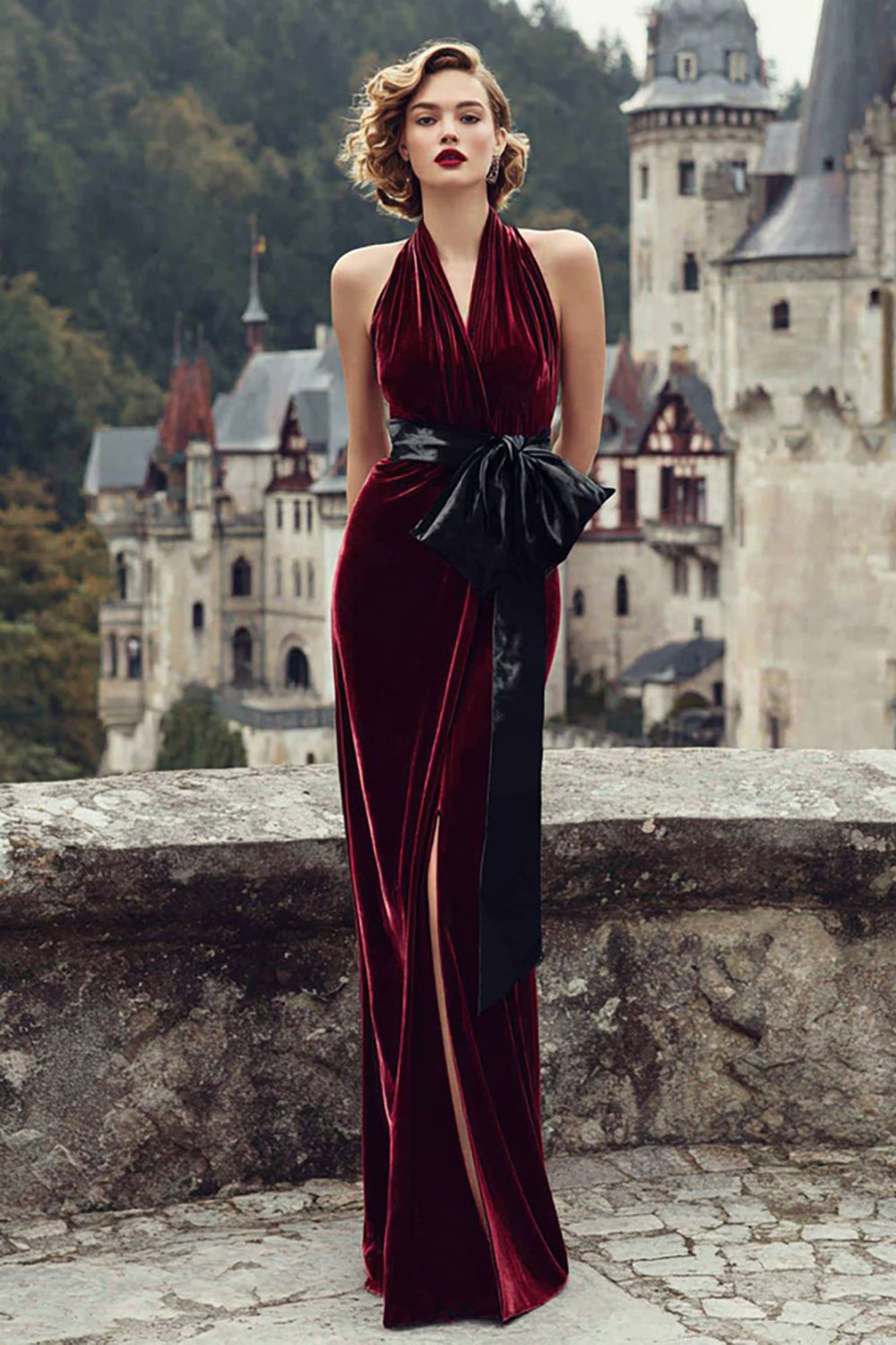 Burgundy Halter Mermaid Velvet Maxi Holiday Party Dress with Bow